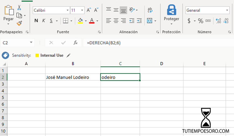 Ejemplo Funcion Microsoft Excel Derecha- Right - tutiempoesoro-com - Jose Manuel Lodeiro - Consultor Productividad